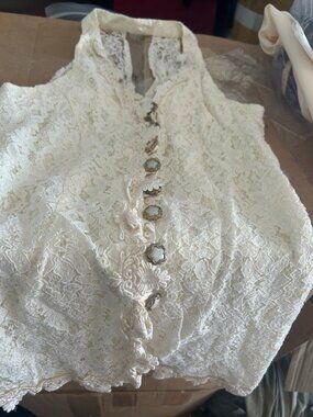 Vintage Cream Sheer Floral Lace Button Up Halter Vest Top with Pearl Buttons XXS